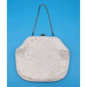 La Regale White Beaded Evening Bag Purse Gold Chain Strap Kiss Lock - Hong Kong